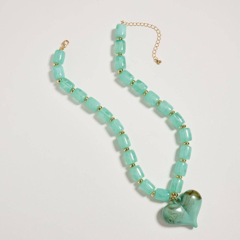 Colorful Beaded Heart Necklace | Multi-Color Barrel Bead Necklace in Mint